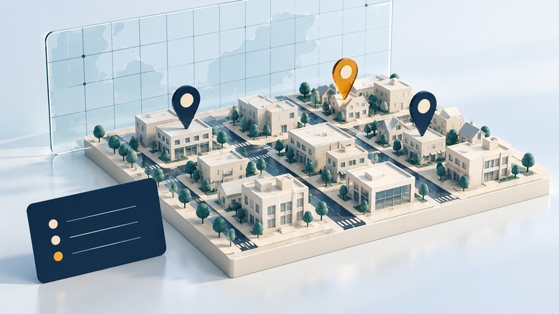 A miniature city street grid with navy and amber location markers and a record card.