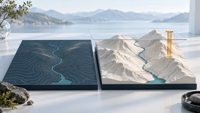 A flat contour-map panel and raised terrain model show a conceptual valley beside a transparent height plane.