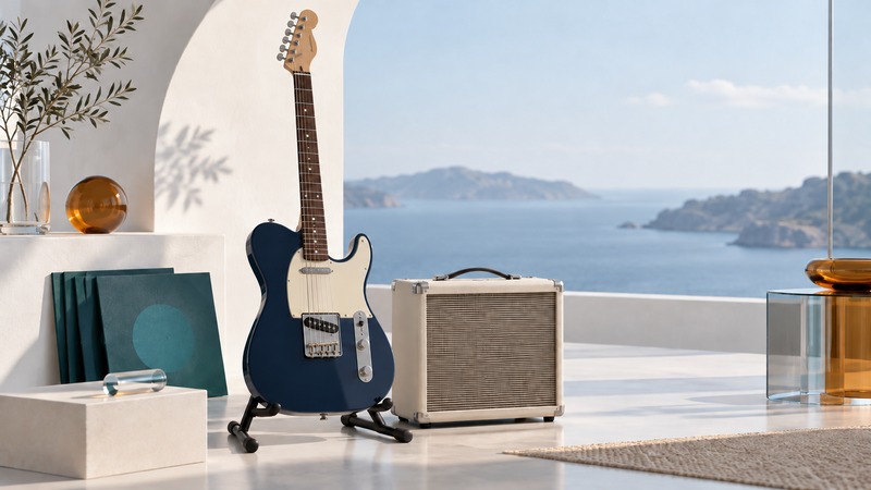 An electric guitar, small amplifier, and glass slide in a calm architectural room.