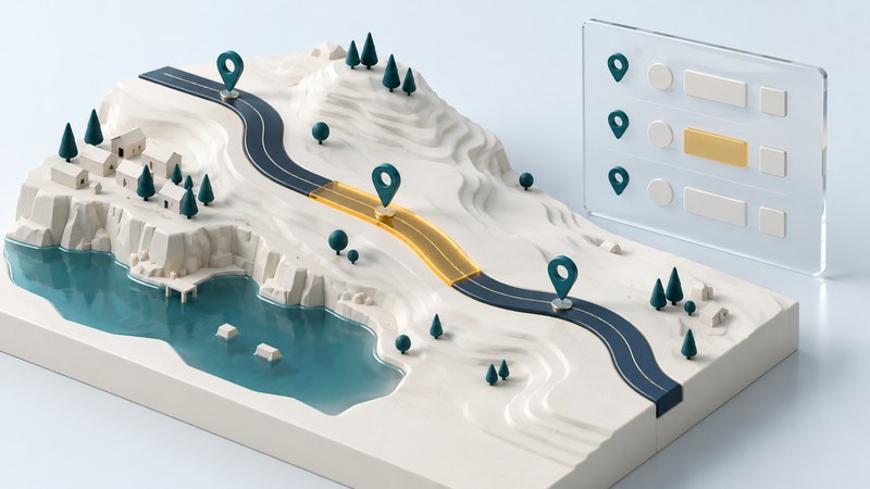 A curved model road has three location markers, an amber highlighted segment, and a glass panel representing linked records.
