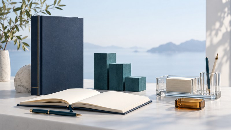 A navy reference book, blank notebook, teal blocks, and a glass card organizer.
