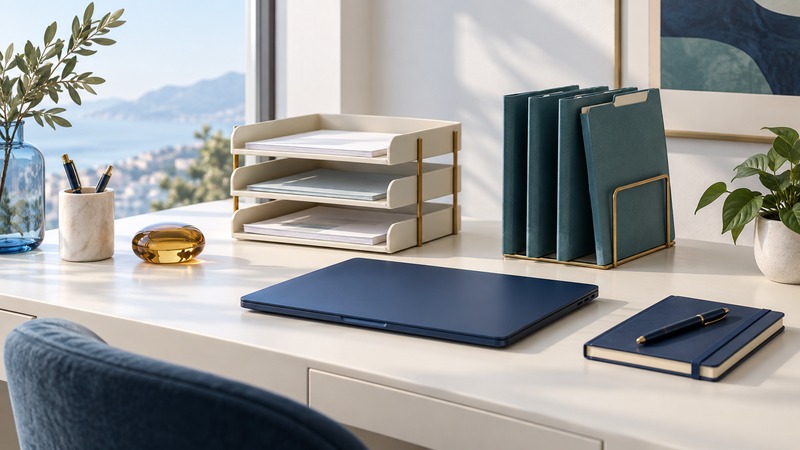 An ivory desk holds a closed navy laptop, tiered paper trays, teal folders, and a notebook.