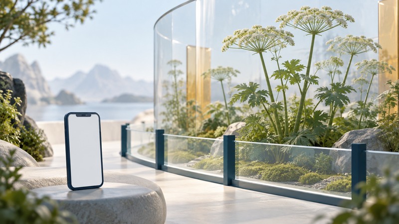 A phone and garden path sit apart from tall umbrella-flowered plants behind a conceptual barrier.