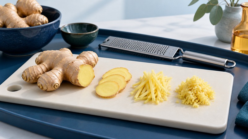 Fresh ginger on a board with separate coins, matchsticks and grated ginger beside a fine grater.