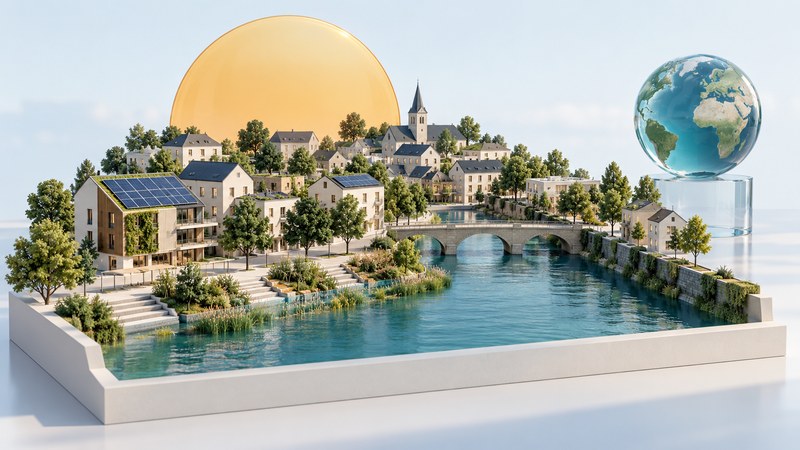 A riverside town model combines shade trees, a planted river edge and solar roofs beside a glass globe and amber sun disc.