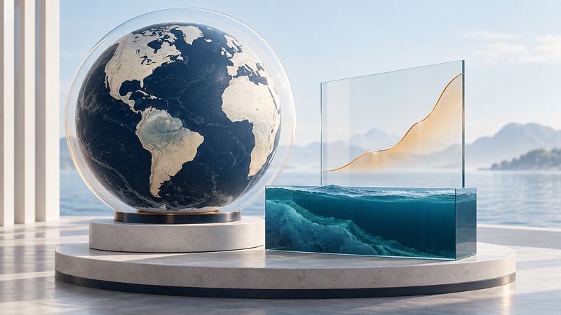 A globe, ocean exhibit and unlabeled rising curve form a conceptual climate-science display.