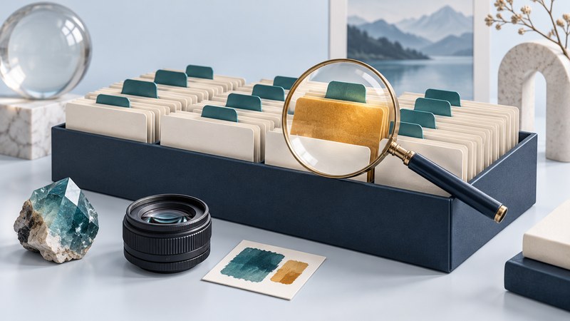Reference cards, a magnifier, mineral, camera lens and color samples