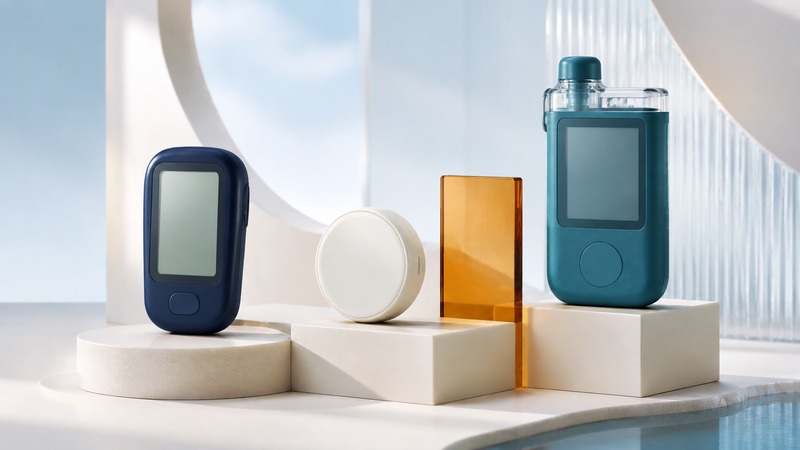 Conceptual glucose meter, wearable sensor, and pump controller on separate ivory platforms.