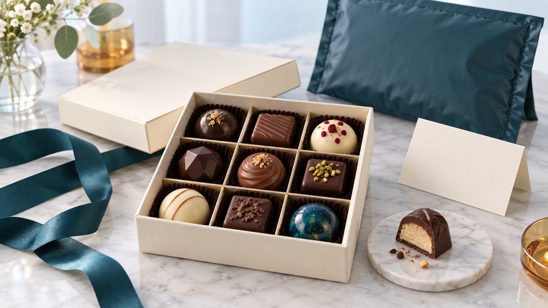 An unbranded box of assorted chocolates beside a ribbon, blank gift card and shipping pouch.