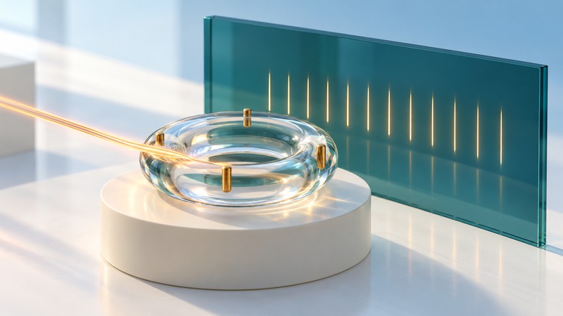 Gold-colored rods sit on a transparent ring resonator beside an amber light path and evenly spaced conceptual frequency lines.