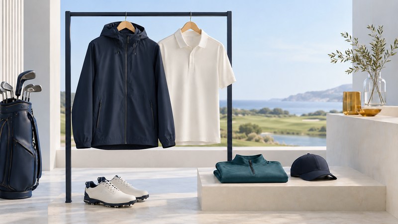 A navy rain jacket and ivory polo hang above golf shoes, a folded teal layer and a cap.