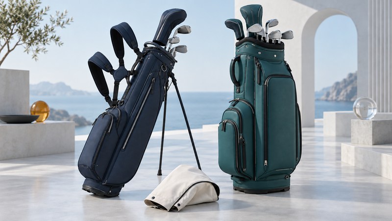 An unbranded navy stand bag and teal cart bag sit beside an ivory rain hood.