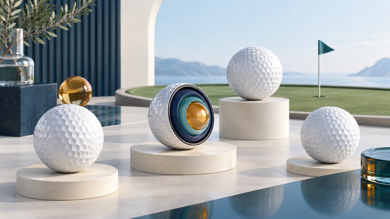 White golf balls and a conceptual layered cutaway sit on ivory platforms.
