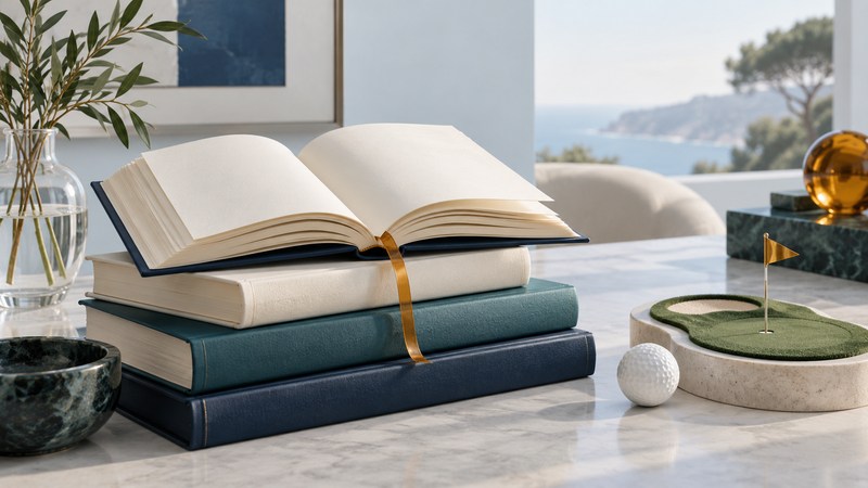 Blank navy, teal and ivory books sit beside a golf ball and a miniature putting green.