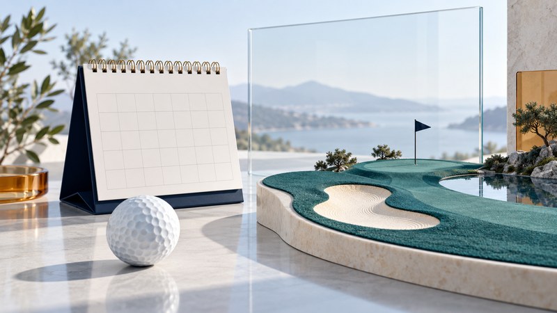 A blank desk calendar beside a miniature teal golf course, ivory bunker, small flag, and white golf ball.
