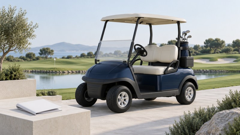 An unbranded navy riding golf cart is parked beside a course, with a blank manual in the foreground.