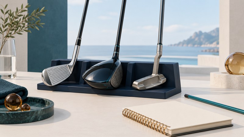 An iron, driver and putter rest in a navy rack beside a blank fitting notebook.