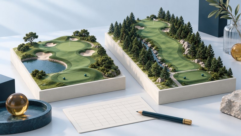 Two miniature courses with different terrain stand beside a blank scorecard.