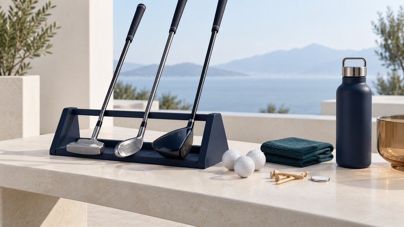 A putter, iron and wood stand beside golf balls, tees, a towel, ball marker and water bottle.