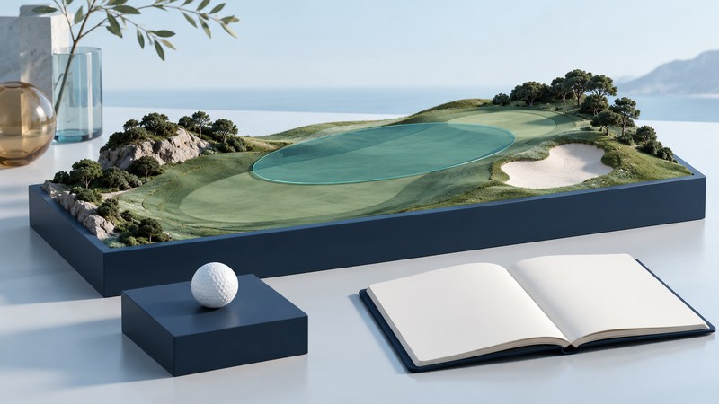 A miniature fairway with a bunker and translucent teal target area sits beside a ball and blank notebook.