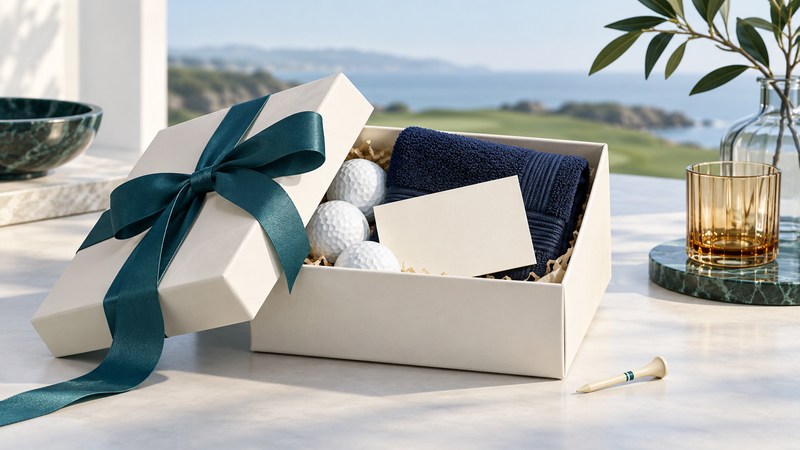 An ivory gift box holds golf balls, a folded navy towel and a blank card beneath a teal ribbon.