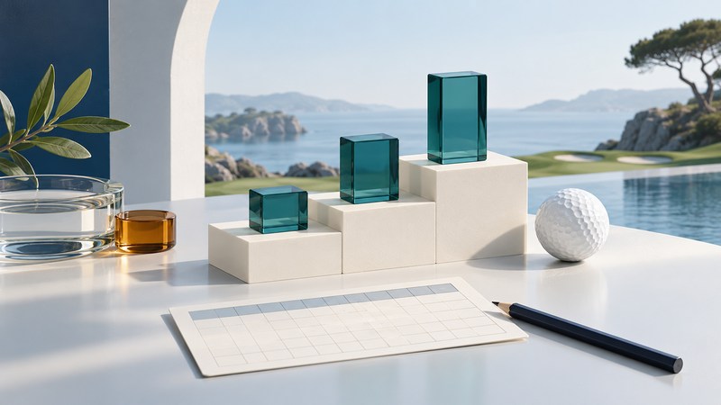 A blank scorecard and pencil sit below three teal blocks on stepped ivory platforms.