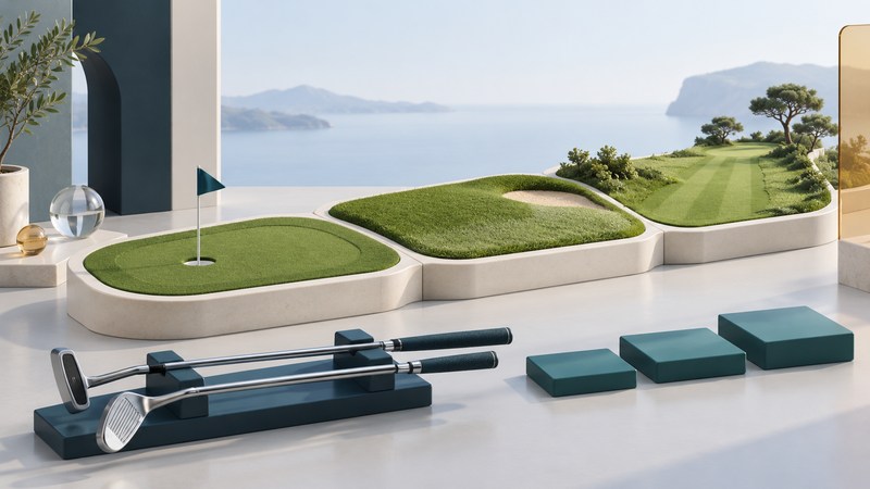 Three miniature practice areas show putting, short grass and a fairway beside clubs and teal steps.