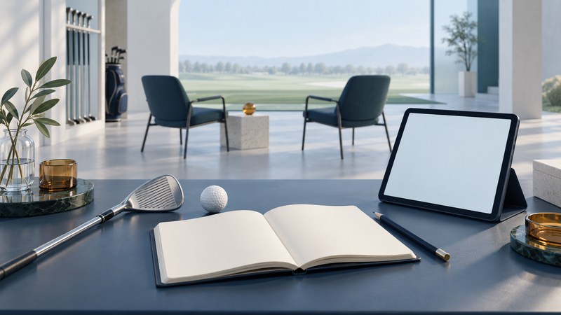 A blank notebook, iron and tablet sit in a calm coaching room with two empty chairs.