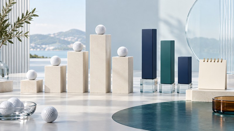Golf balls on stepped ivory plinths stand beside navy and teal columns and a blank calendar.