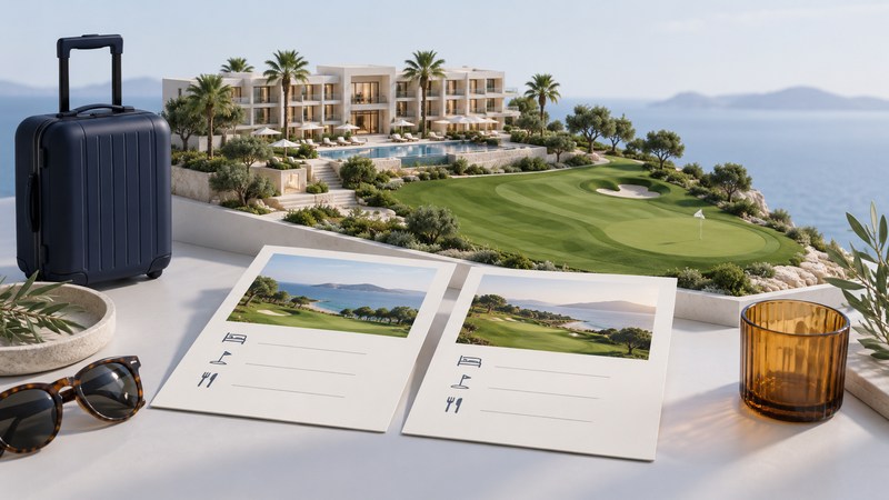 A miniature hotel and golf course sit beside a suitcase and two travel-comparison cards.