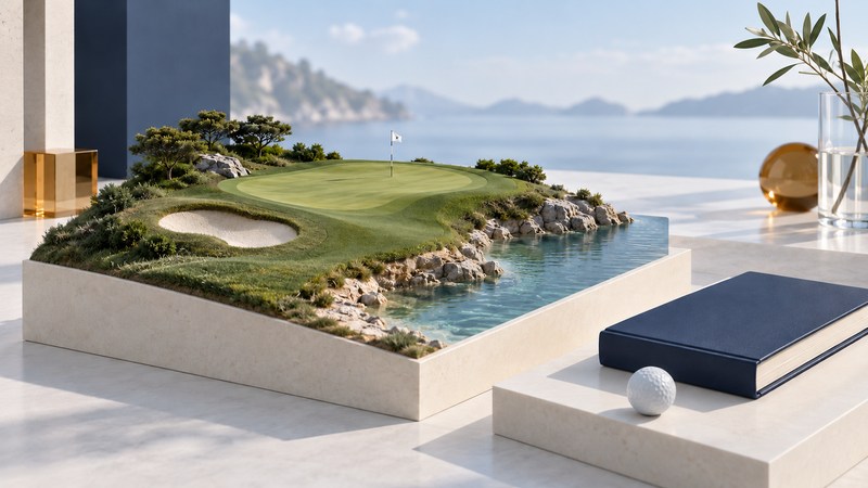 A miniature green, bunker and water edge stand beside a blank navy rulebook and golf ball.