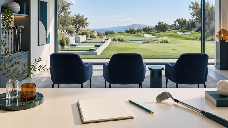 Three chairs face an empty golf teaching studio with practice stations, a notebook, pencil and iron.