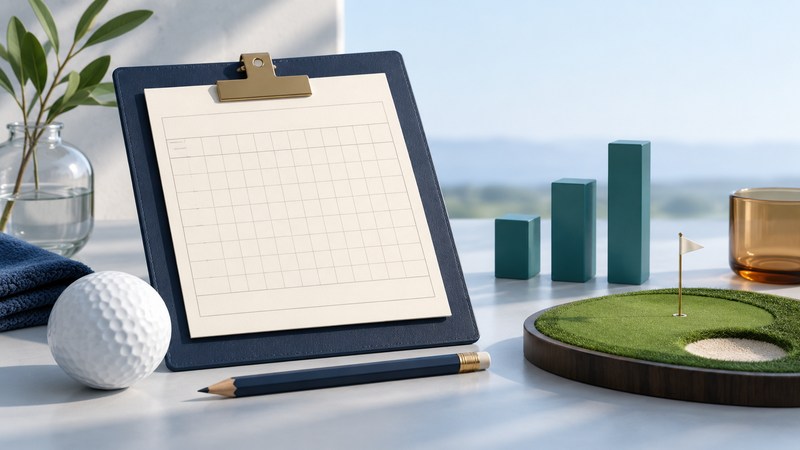 A blank scorecard, pencil and golf ball sit beside three teal bars and a miniature putting green.