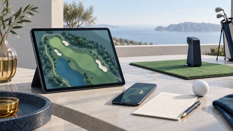 A tablet displays an abstract golf-course map beside a phone, blank scorecard, ball and launch-monitor shape.
