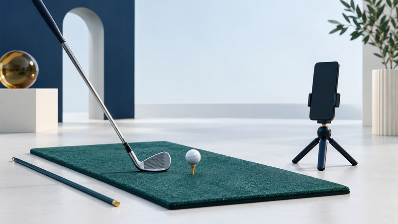 An iron and teed ball sit on a teal practice mat beside an alignment rod and a phone on a tripod.