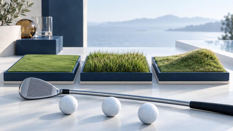 Trays of closely cut grass, deep rough and sloping turf sit behind an iron and three balls.