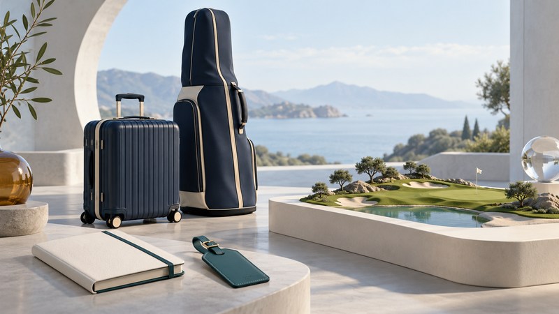 A suitcase and golf travel cover stand beside a miniature course, blank itinerary and luggage tag.