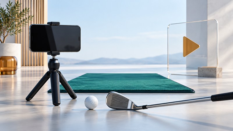 A phone on a tripod sits beside a golf ball, iron, practice mat and a glass panel with a play symbol.