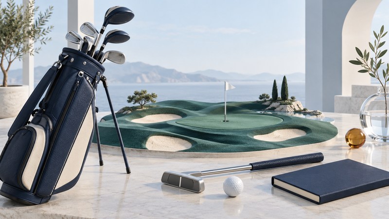 A golf bag, putter, miniature green and blank guidebook form a calm navy and teal scene.