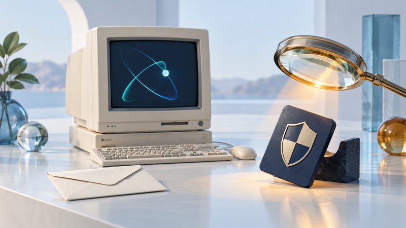 An ivory CRT computer with a geometric screensaver stands beside an envelope and a tilted shield tile under a lens.