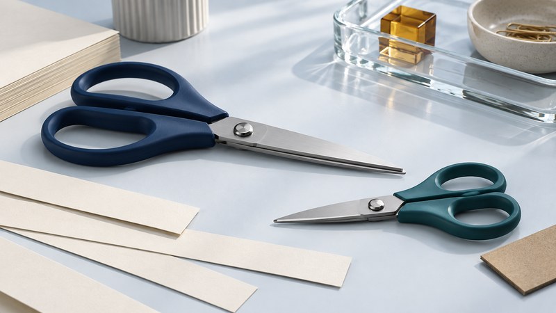 Closed navy and teal scissors lie beside paper strips, card and a clear glass tray.