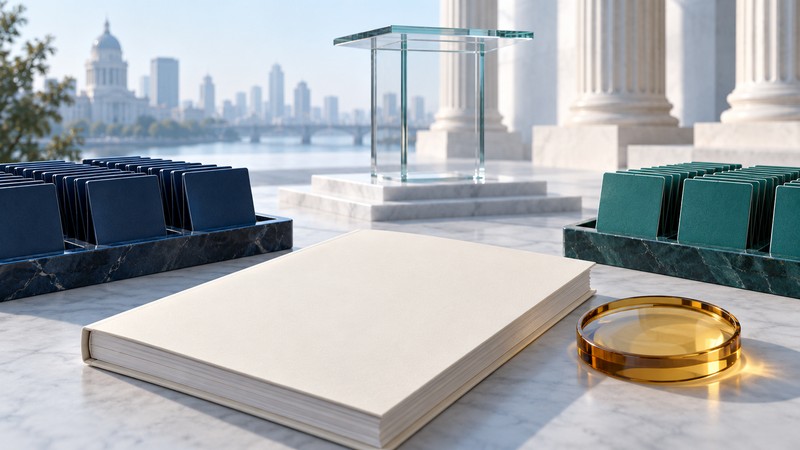 A blank ivory prospectus lies before a glass auction podium, with navy and teal share tiles in separate trays.
