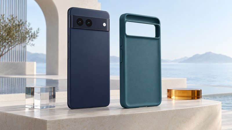 An unbranded navy phone with a horizontal camera bar beside a separate teal protective case with a matching camera opening.