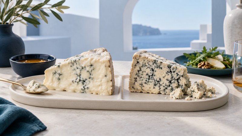 Creamy blue-veined Gorgonzola beside a firmer crumbly wedge on an ivory platter.