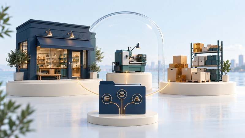A miniature workshop and storefront, equipment and inventory shelves sit beside a navy financing folder and glass arch.