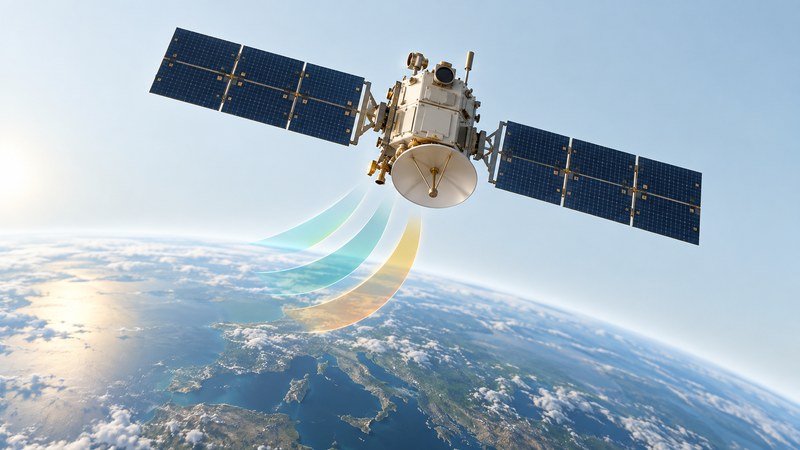 A conceptual navigation satellite with navy solar panels floats above Earth and translucent signal ribbons.