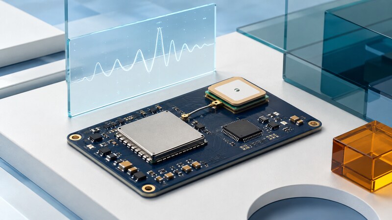 A conceptual GNSS circuit board contains a shielded receiver module, ceramic patch antenna, and host processor beside a waveform panel.