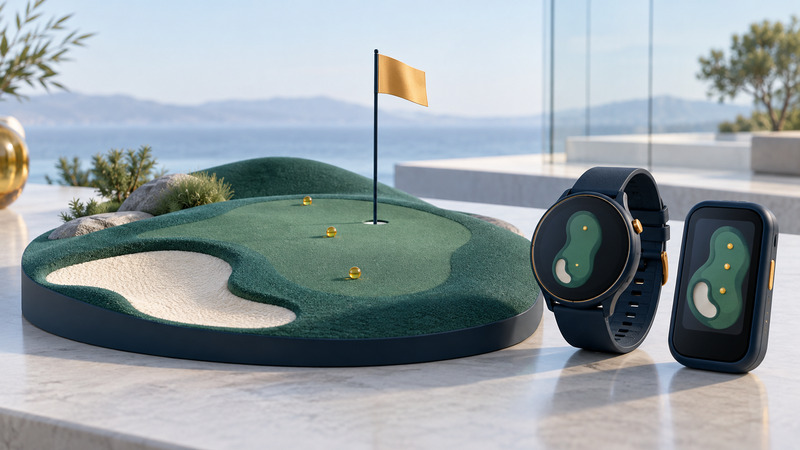 A navy watch and handheld display stand beside a miniature green with amber points and a flag.