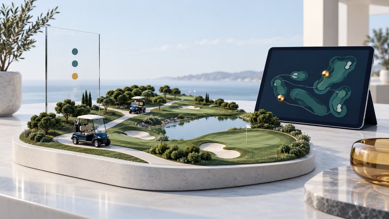 Two miniature golf carts sit on a course model beside a tablet with abstract course shapes and location dots.