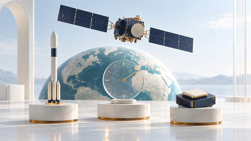 A navigation satellite and Earth globe stand behind a rocket model, clock and GNSS receiver.